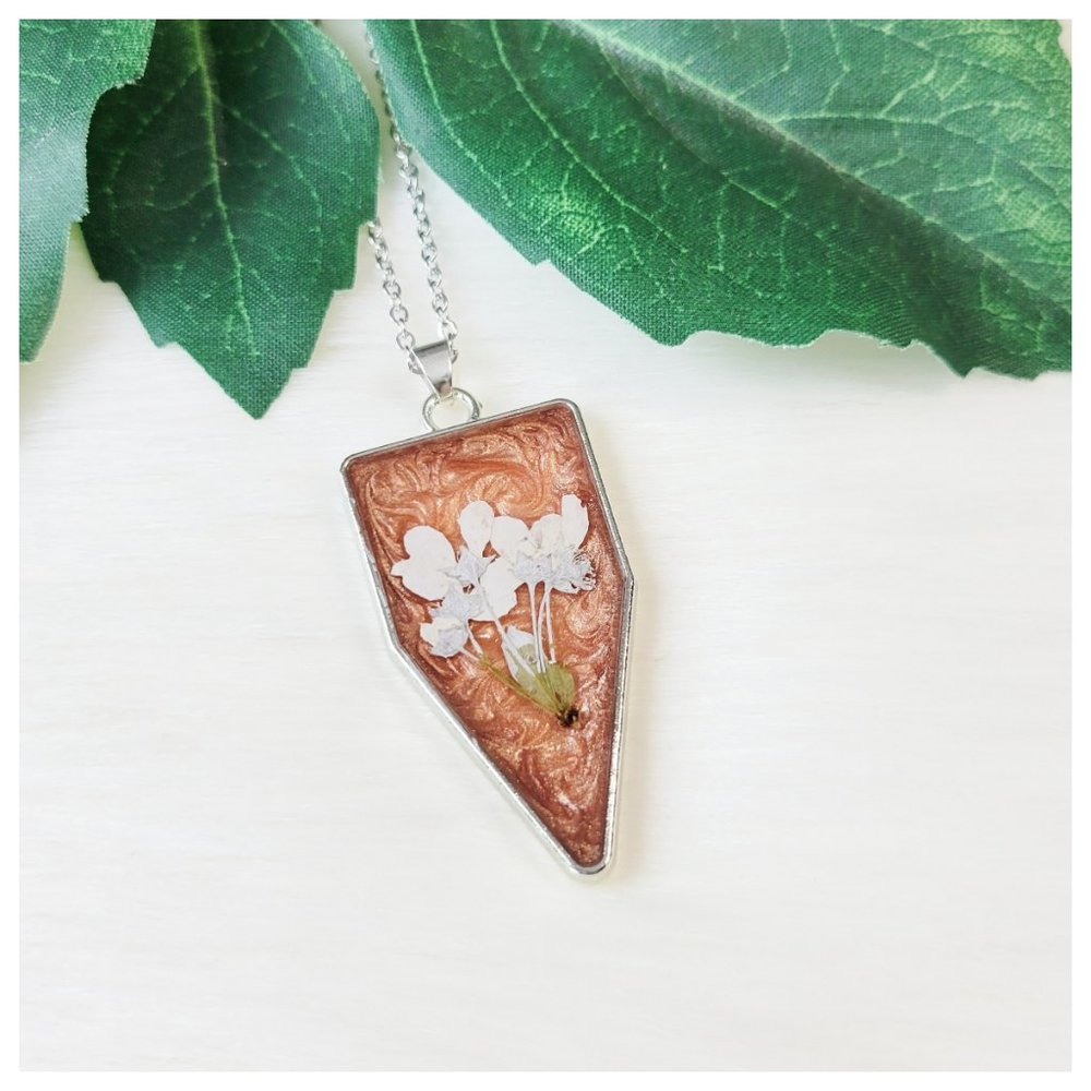 Floral Pendant Necklace Copper Blue and Off White Pressed Dried Flower Necklace
